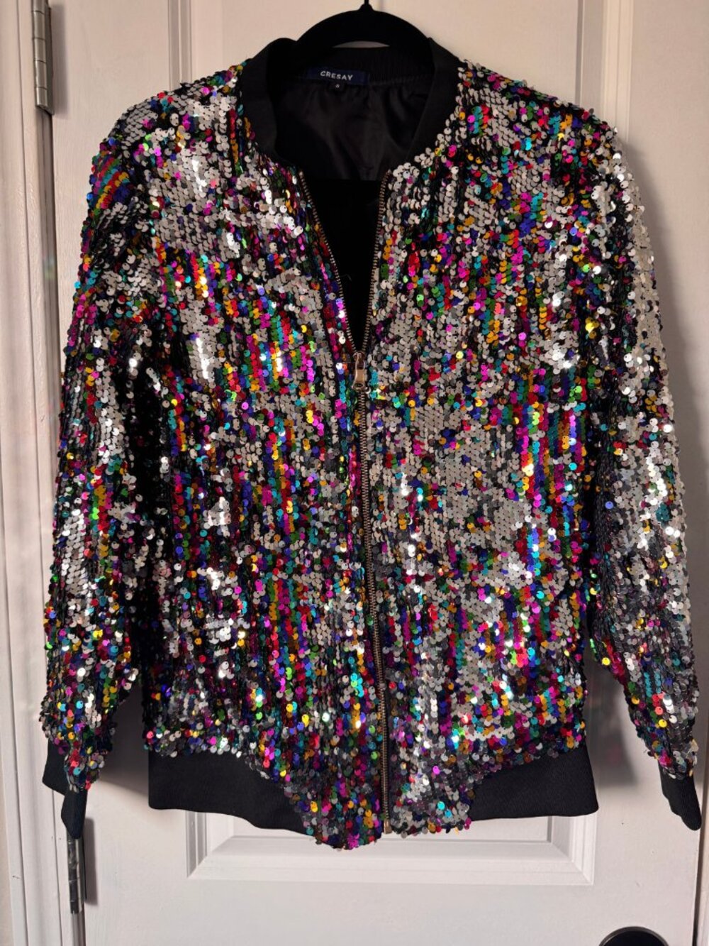 Cresay Sequin Bomber Jacket S Reversible Flip Sequin Rainbow Silver Mardi Gras